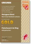 Urkunde GOLD für Fleischwurst im Ring mild geräuchert